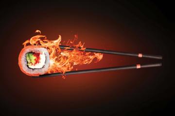 A flaming sushi roll