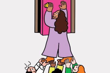 Illustration of people lifting one person up to open a pink door