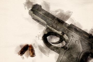 A watercolor-style image of a black handgun and two bullets next to it
