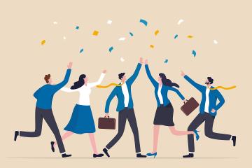 Illustration of five people in business attire joyfully throwing confetti in the air