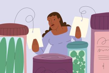 Illustration of a woman looking at price tags on food