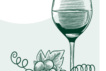 Pen-and-ink-style illustration of a glass of wine and a bunch of grapes