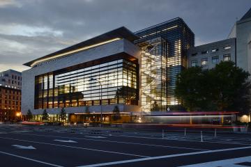 Exterior image of the Johns Hopkins University Bloomberg Center at 555 Pennsylvania Ave. 