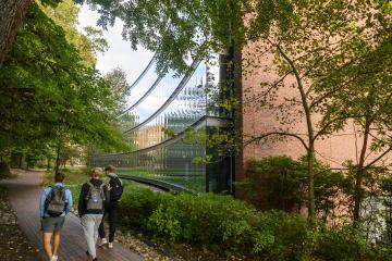 Bascom Undergraduate Teaching Labs exterior Oct. 16, 2023 with students walking by