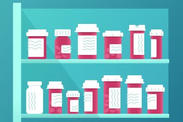 Illustration of prescription medicine bottles on two shelves inside a medicine cabinet.