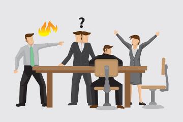 Illustration of co-workers includes one man pointing with fire above his arm at another man who has a question mark over his head.