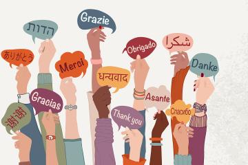 An illustration of upstretched arms holding signs saying thanks in may different languages.