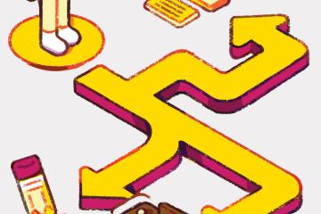 An illustration in yellow and magenta of a worker before a metaphorical career path with arrows in several directions