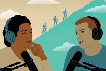 An illustration of two people talking during a podcast recording