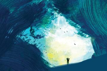 A conceptual illustration depicts a tiny person surrounded by vastness