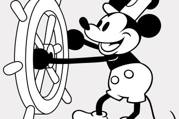 A black and white illustration of Walt Disney's Steamboat Willie