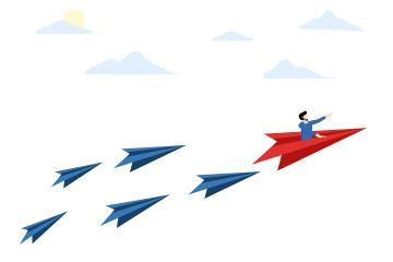 Illustration of leader on large paper airplane followed by smaller paper airplanes