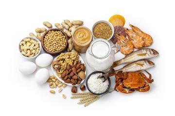 A spread of food from the most common food allergy groups, including wheat, nuts, crabs, and fish. 
