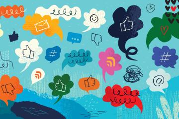 Cartoon speech and thought bubbles cram cover the image. Each shows a different Internet-related icon, such as a thumbs up, hashtag, email envelope, or at sign.