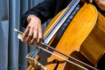 Close-up photo of a person's arms playing an upright bass