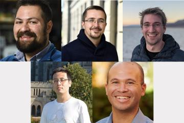 The 2024 Sloan Research Fellows from Johns Hopkins are (clockwise from top left) Stephen Fried, Benjamin Grimmer, Justus Kebschull, Jonathan Lynch, and Yahui Zhang
