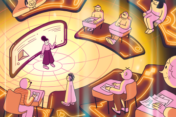 Cartoon of a futuristic classroom; a woman stands at a floating board in the center of the room, with students seated around her in a circle