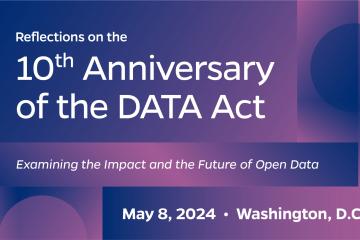 Promotional image with purple, multitone background: Reflections on 10 years of the DATA Act