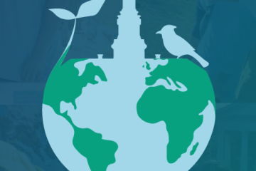 Illustration of a globe with a sprout, a bird, and the Johns Hopkins campus