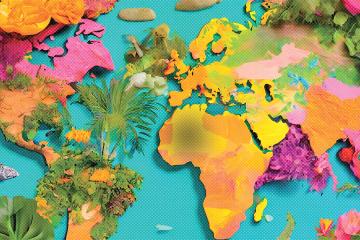 Colorful, playful illustration of a world map