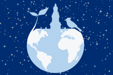 Illustration of a globe with a sprout, a bird, and the Johns Hopkins campus against a field of stars