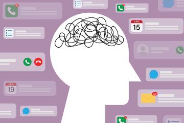 A tangle of string in the brain of a head surrounded by phone messages