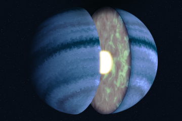 An artist’s concept of WASP-107 b shows turbulent atmospheric mixing within the planet’s gas envelope, with a hot core emitting light and heat through a brownish interior outwards and a top layer with many shades of blue curling clouds.