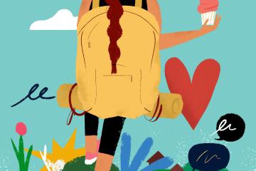 Illustration of a woman wearing a large backpack. In her hand is a cupcake with a candle in it.