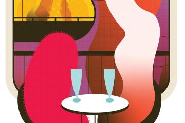 Illustration depicts two bacteria sitting at a restaurant table with drinks in front of them