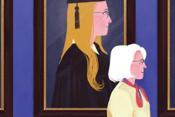 Illustration of an older, white-haired woman, standing in front of a large, framed picture of a girl in a cap and gown