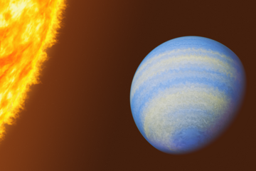 Concept art of exoplanet HD 189733b, a blue gas giant with yellow hue bands, up close with its parent star, a K-type that emits warm orange light. 