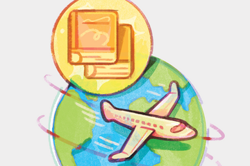 An illustration of books and an airplane in front of a globe