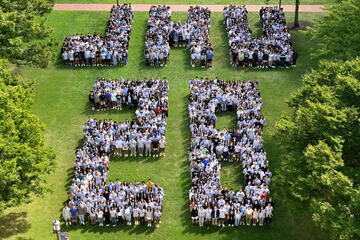 Johns Hopkins University Class of 2028 arrayed to spell JHU 28