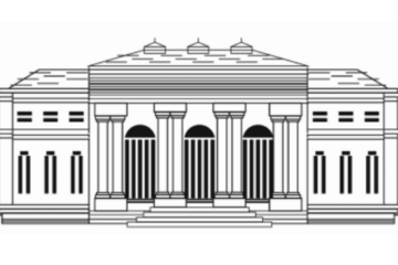 Black and white illustration of a museum building