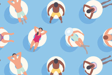 Illustration of people relaxing on inflatables in blue water