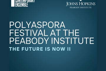 Teal square with the text: Polyaspora Festival at the Peabody Institute The Future is Now II