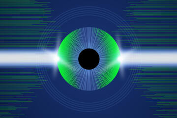 A navy blue and green rendering of a human eye