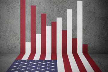 American flag bars forming financial graph pointing up and down