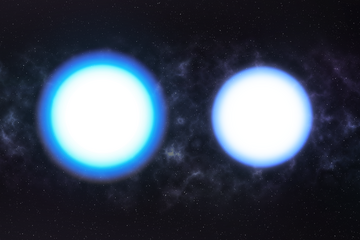 Concept art depicting two white dwarf stars of equal mass but differing temperatures. The hotter white dwarf on the left appears slightly larger and puffier, surrounded by a glowing blue halo, while the cooler white dwarf on the right looks more compact and has a slightly less pronounced halo. The background consists of a dark starry sky with faint nebular patterns.