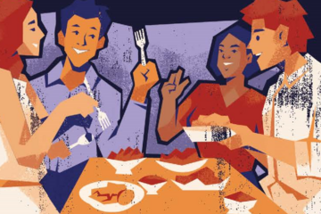 Illustration of a diverse small group of people talking over food