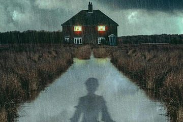 A shadow of a woman ominously looming over a creek, with a house in the distance