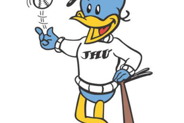 Illustration of a Johns Hopkins Blue Jay with a baseball bat and ball