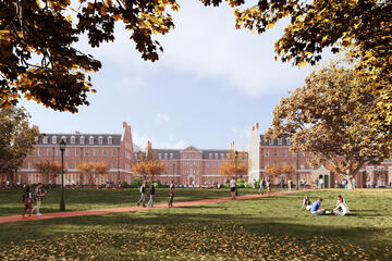 Rendering of a tree-lined campus quad with brick academic buildings