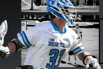 Color photo of a Johns Hopkins lacrosse player over a collection of black and white photographs