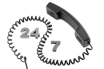 Telephone handset with a curly cord wrapped around the numerals 24 and 7, indicating that JHEAP is available to employees all the time. t