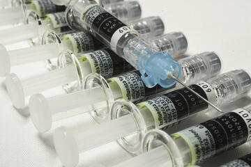 A row of flu vaccines lined up on a table