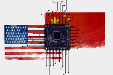 U.S. and China flags with a microprocessor chip in the middle