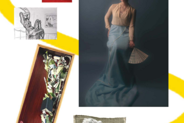 Collection of several examples of student visual art, including diorama, fiber arts, drawing, and painting 