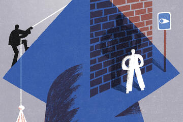 Illustration of a figure scaling a graduation cap; behind the cap is a brick wall, on which another figure casts a large shadow