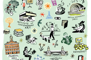 illustration of several famous Boston landmarks, including the Institute of Contemporary Art and the Longfellow Bridge 